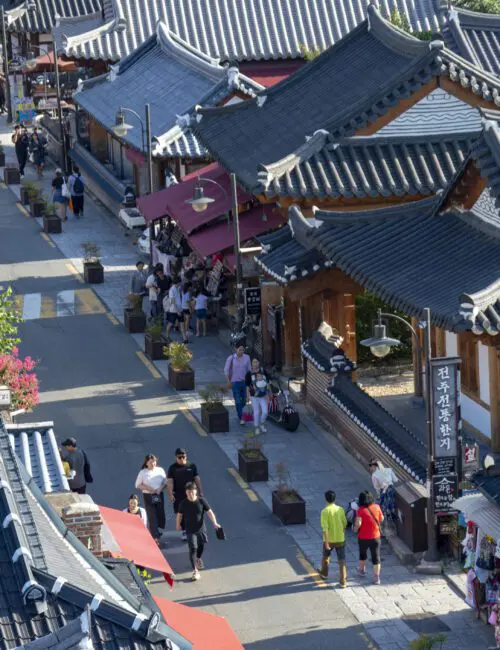 Jeonju, South Korea - September 2018: View of Jeonju Hanok Village, popular tourist attraction with Korean traditional houses designated as an International Slow City in 2010