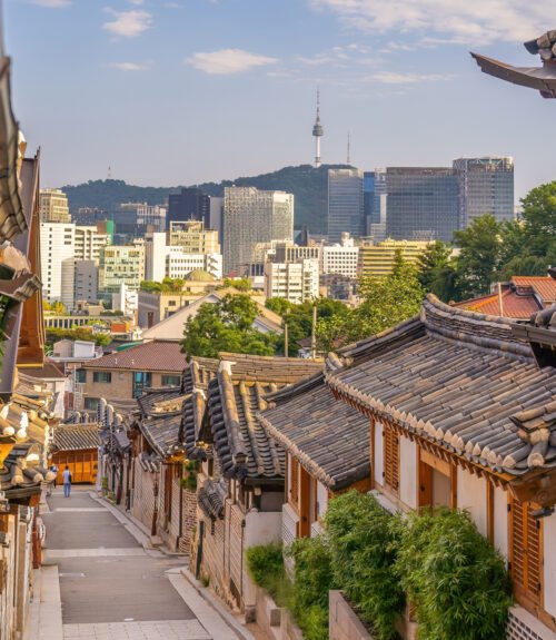 Bukchon Hanok Village with Seoul city skyline, cityscape of South Korea