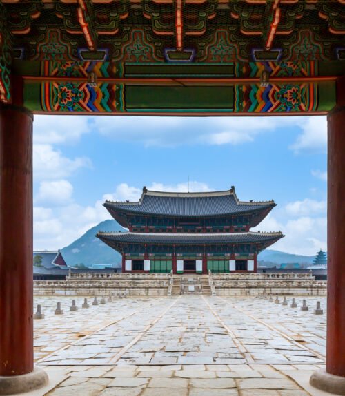 A view of the inside of Gyeongbokgung Palace from the main gate.