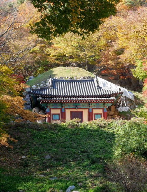 Colorful autumn leaves of Seokguram Grotto. The Seokguram Grotto is one of Korea's national treasures located in Gyeongju, South Korea.