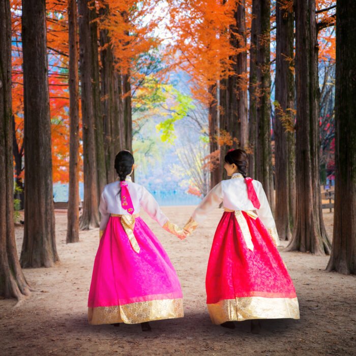 Korean girl walking in nami park in nami island, seoul, South korea