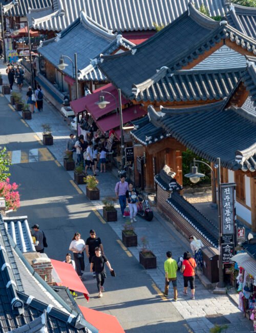 Jeonju, South Korea - September 2018: View of Jeonju Hanok Village, popular tourist attraction with Korean traditional houses designated as an International Slow City in 2010