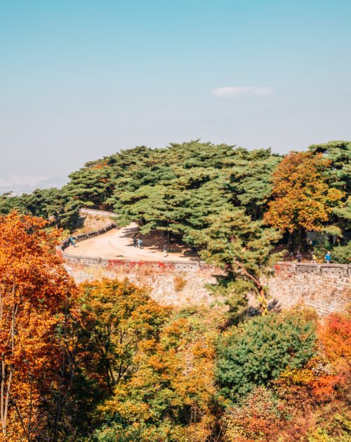 Namhansanseong Fortress and autumn maple trees in Gwangju, Korea